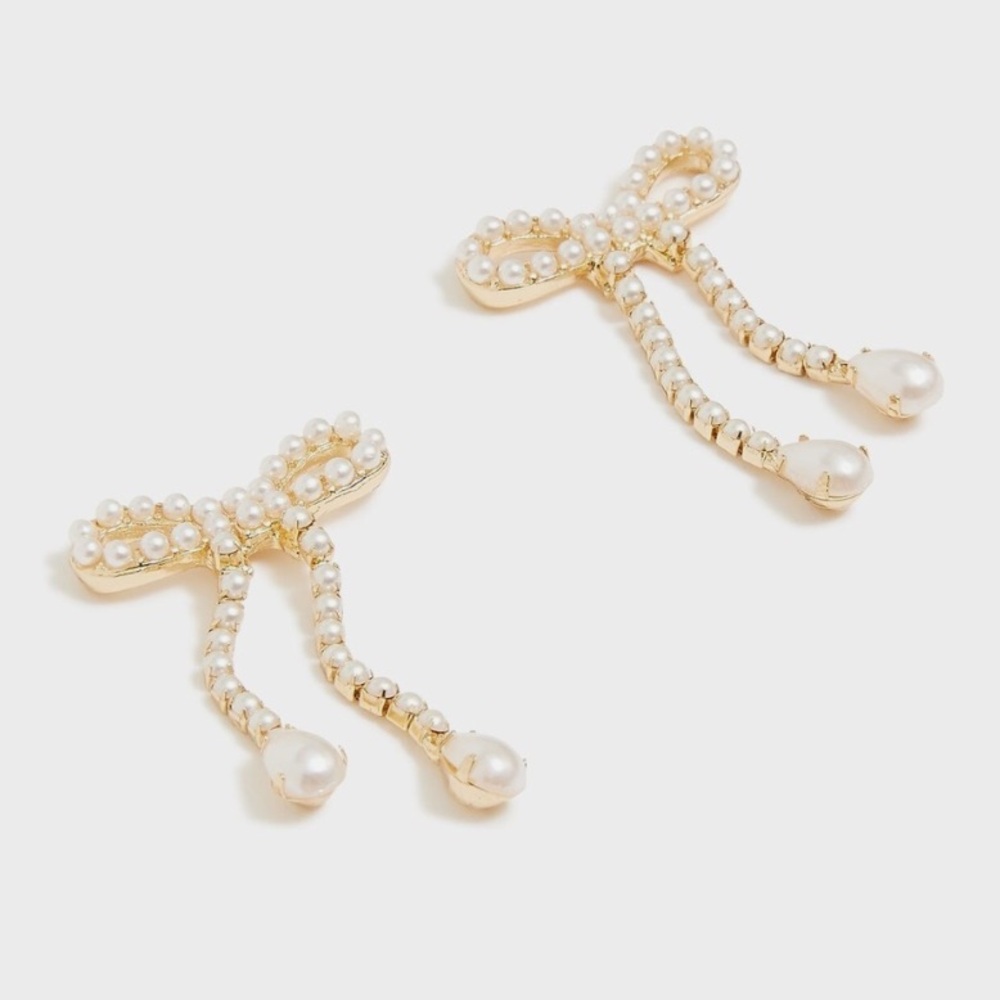 J. Crew Crystal and Pearl Drop Bow Earrings